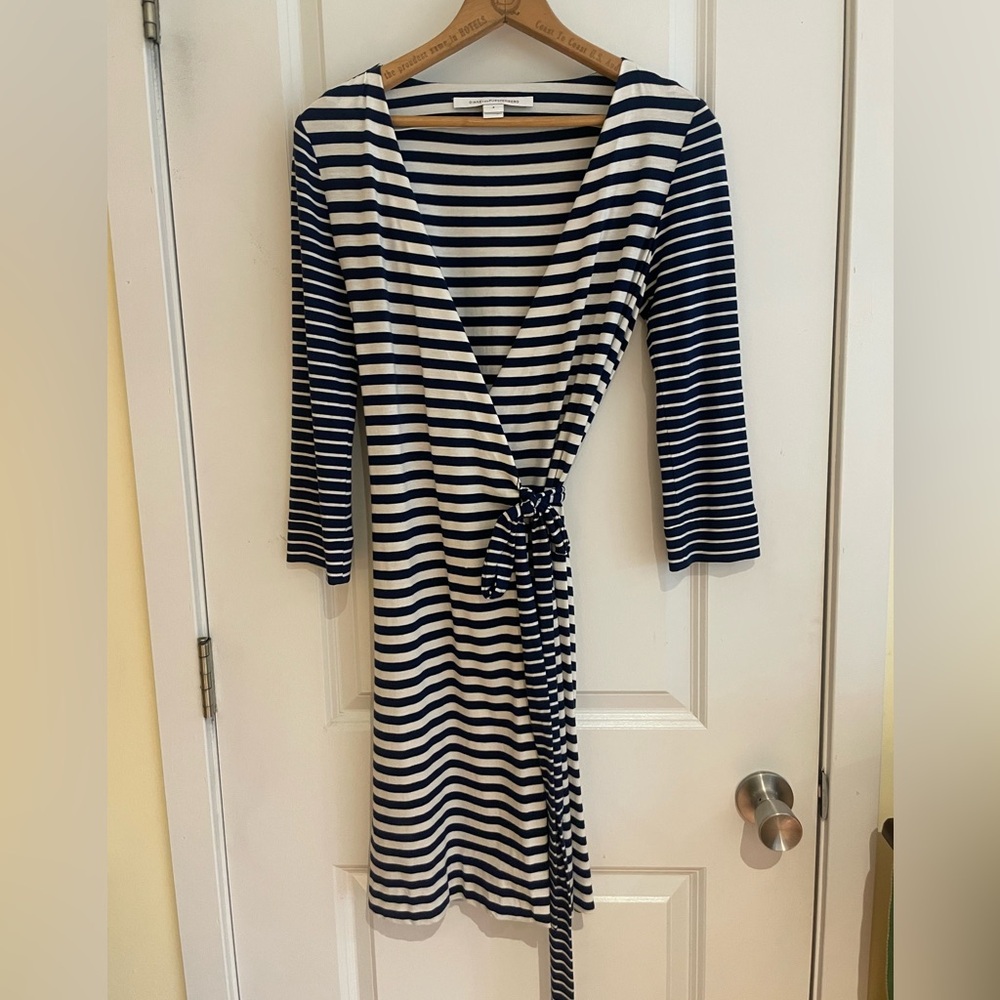 Diane von Furstenberg Striped Navy and White Wrap Dress